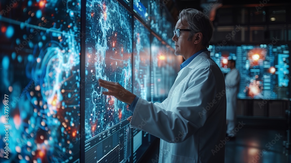 A scientist in a lab coat interacts with a large data visualization, reviewing insights generated by artificial intelligence. A scientist in a lab coat interacts with a large data visualization, reviewing insights generated by artificial intelligence.