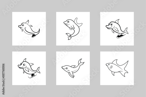 6 set Nose Skate Fish Jumps Icon Vector Line Art

