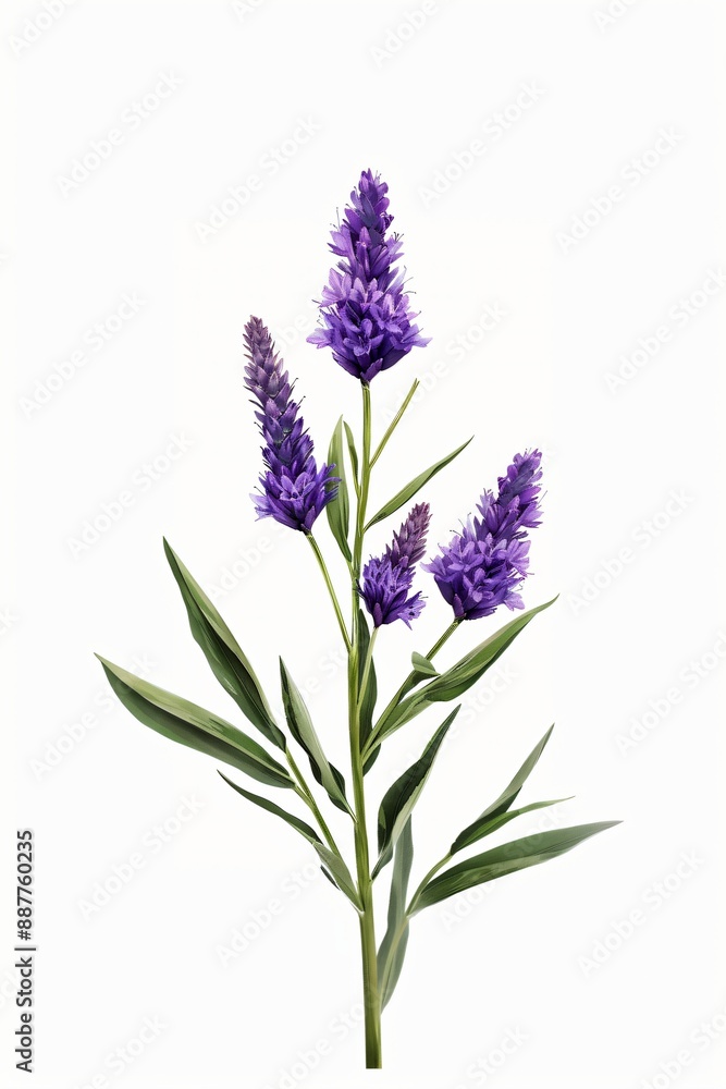 Naklejka premium A delicate sprig of purple flowers with long, slender leaves on a white background. Liatris Blazing Star flower.