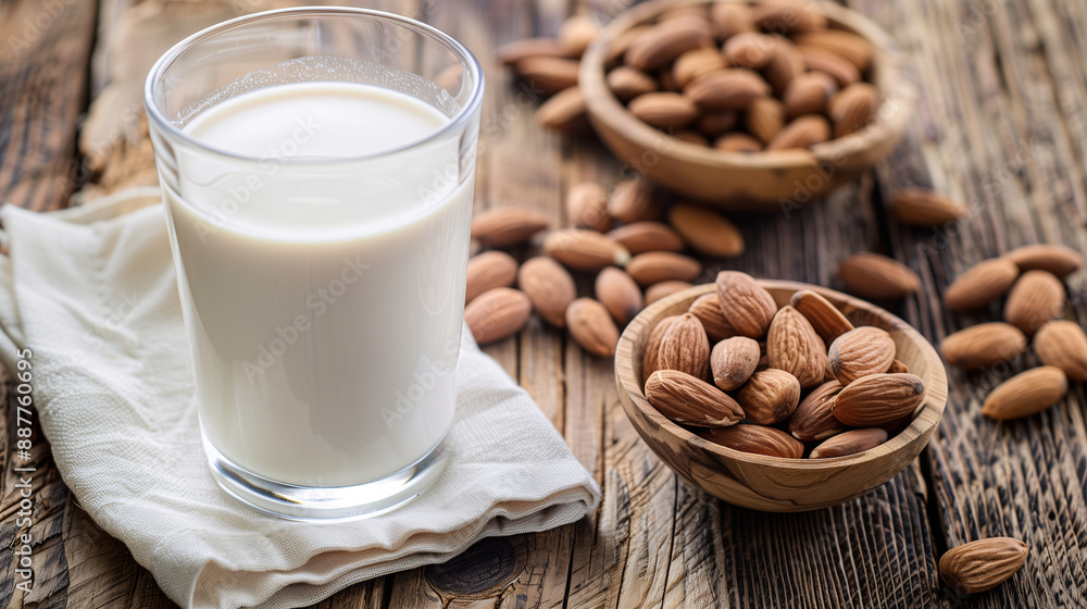 a glass of creamy almond milk, served with a small bowl of almonds and a white linen napkin, set on a rustic wooden table with natural light a glass of creamy almond milk, served with a small bowl of almonds and a white linen napkin, set on a rustic wooden table with natural light