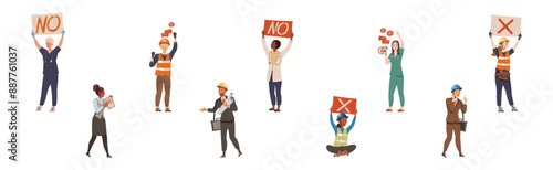 People Labor Character Protest Having Picket Vector Set