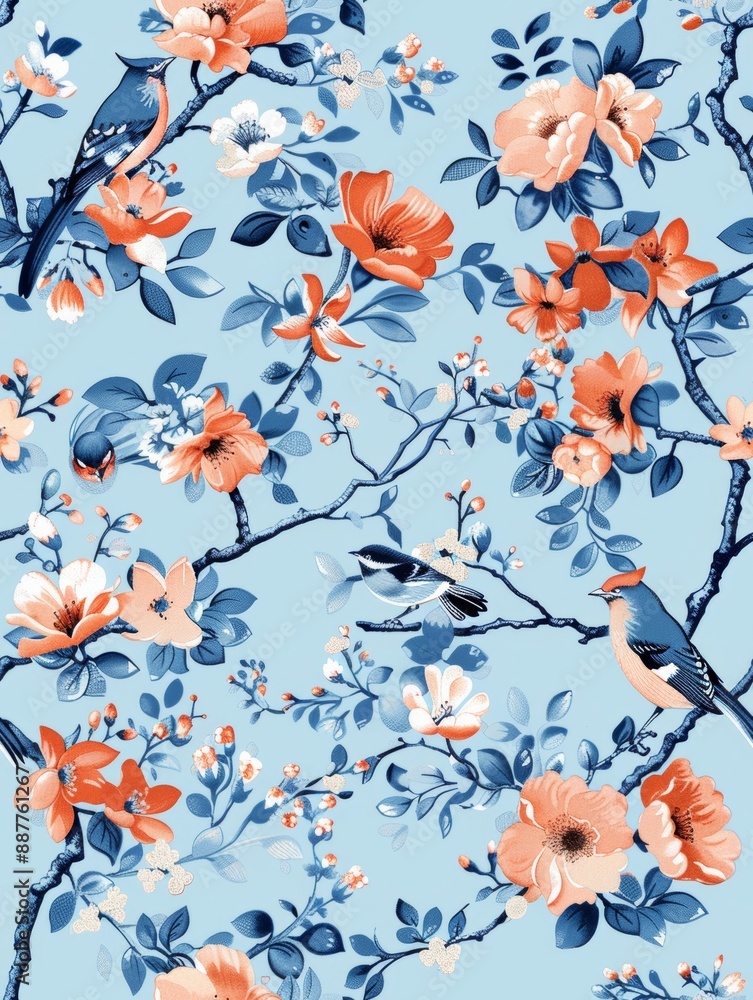 Fototapeta premium A seamless pattern featuring light blue fabric adorned with floral patterns and birds