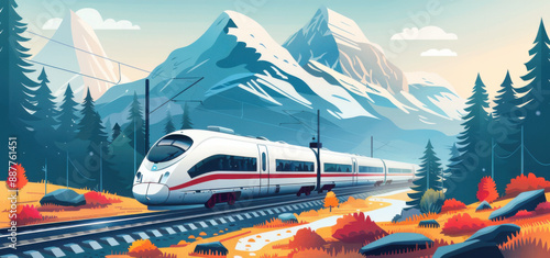 A sleek modern train travels through a picturesque mountain landscape with lush forests and vibrant autumn colors.