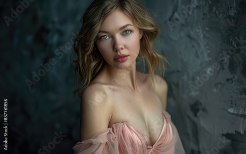 A portrait of an attractive Russian woman in her late thirties, wearing a soft pink wrap dress, posing for the camera against a dark background. © Kien