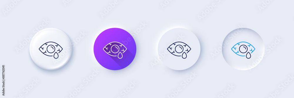 Conjunctivitis eye line icon. Neumorphic, Purple gradient, 3d pin buttons. Oculist clinic sign. Optometry vision symbol. Line icons. Neumorphic buttons with outline signs. Vector Conjunctivitis eye line icon. Neumorphic, Purple gradient, 3d pin buttons. Oculist clinic sign. Optometry vision symbol. Line icons. Neumorphic buttons with outline signs. Vector