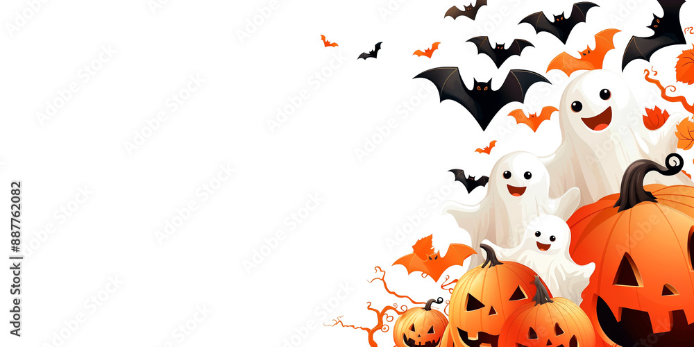 Halloween illustration of pumpkins, ghosts and bats, on a light background, free space for text Halloween illustration of pumpkins, ghosts and bats, on a light background, free space for text