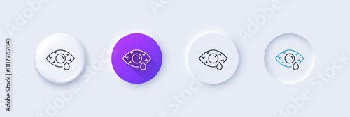 Conjunctivitis eye line icon. Neumorphic, Purple gradient, 3d pin buttons. Oculist clinic sign. Optometry vision symbol. Line icons. Neumorphic buttons with outline signs. Vector