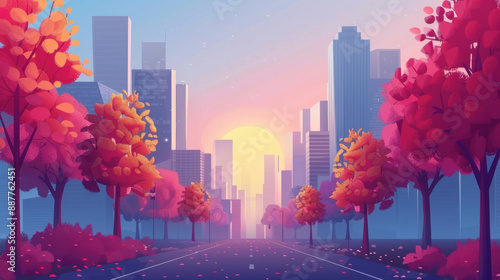 City street flanked by colorful autumn trees at sunrise, creating a picturesque and serene urban landscape.