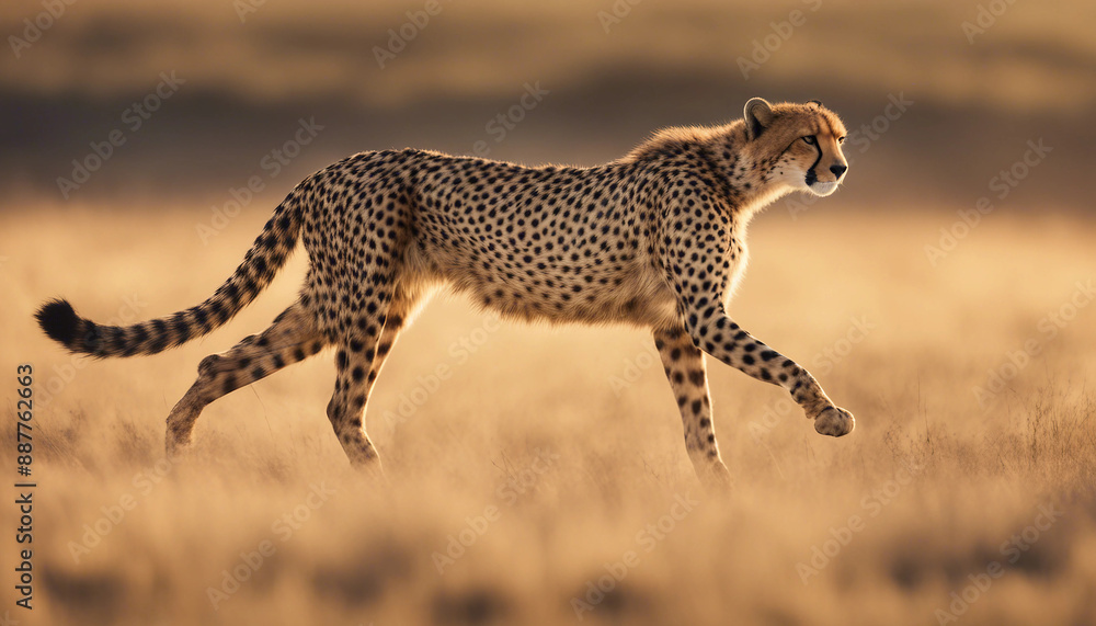 Obraz premium A cheetah sprinting across the open plain, late afternoon light 