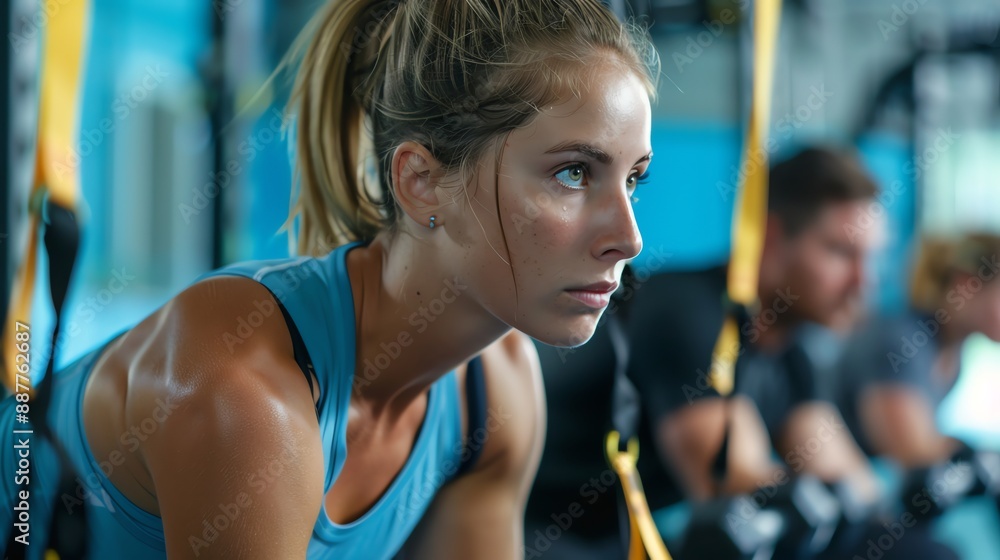 A woman is doing a workout at a gym. A woman is doing a workout at a gym.