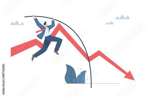 Overcoming financial problems, Jumping over the recession, Coping with risks, Concepts for dealing with uncertain events, Businessman pole vaulting over a falling graph. Vector design illustration.