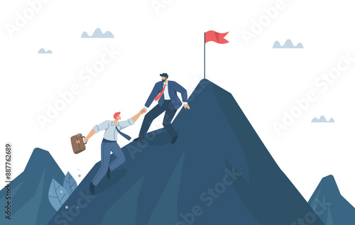 Teamwork, Leadership, Difficulties in overcoming success in business, Helping and supporting colleagues, The business leader reached and helped his team climb to the top of the mountain. Vector.
