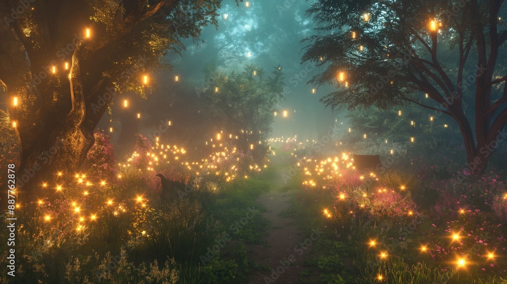 Fototapeta premium Magic fairy tale night forest fantasy fairy tale scenery with glowing lights