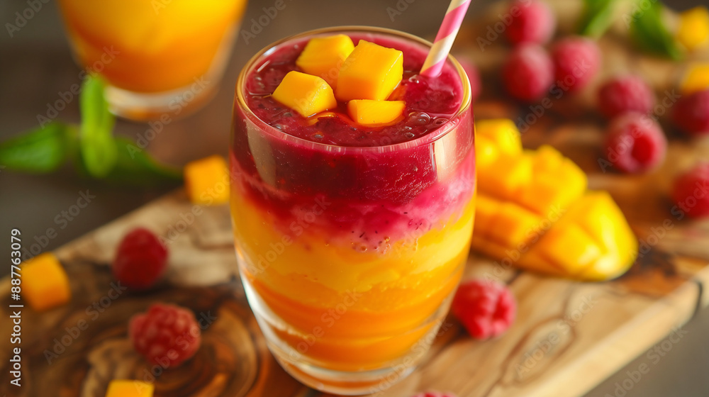 a probiotic smoothie, featuring vibrant layers of mango and berry puree, served in a clear glass with a striped straw, on a wooden board with scattered fresh fruit a probiotic smoothie, featuring vibrant layers of mango and berry puree, served in a clear glass with a striped straw, on a wooden board with scattered fresh fruit