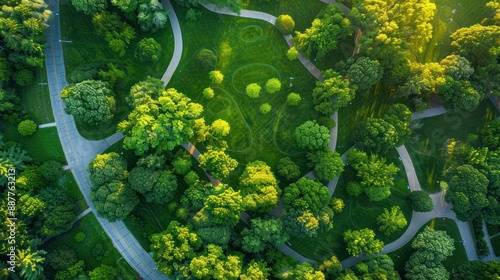 Aerial View of a Lush Green Park with Winding Paths