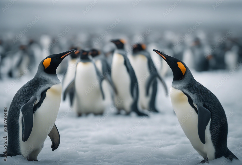 Fototapeta premium A colony of penguins huddling on the ice, overcast day 