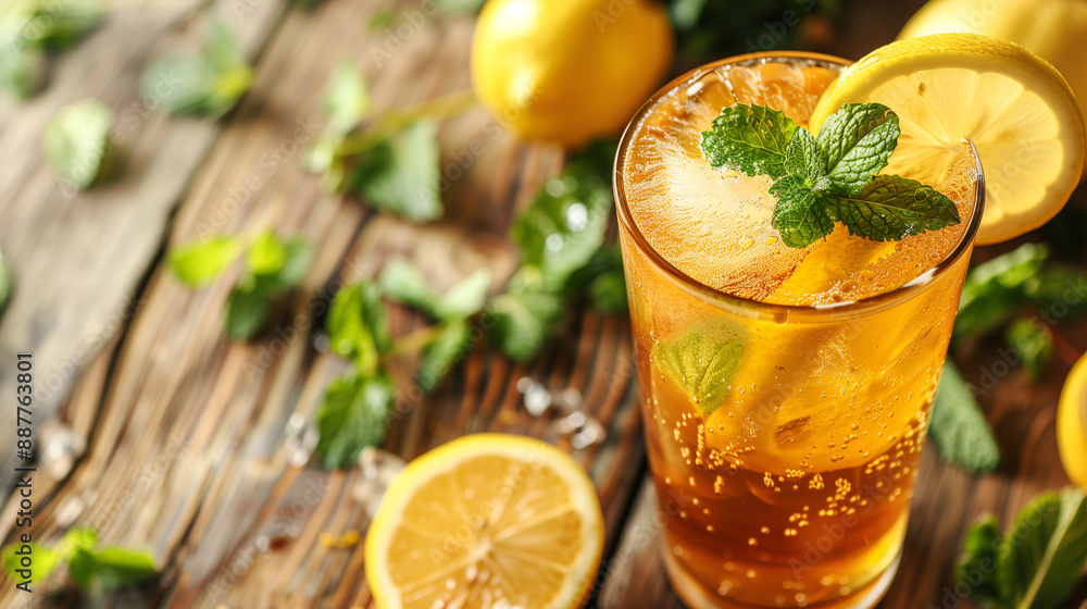 Fototapeta premium a refreshing glass of kombucha with visible bubbles, garnished with a slice of lemon and mint, set on a rustic wooden table with a background of fresh lemons and herbs