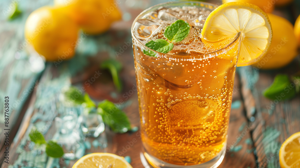 Fototapeta premium a refreshing glass of kombucha with visible bubbles, garnished with a slice of lemon and mint, set on a rustic wooden table with a background of fresh lemons and herbs
