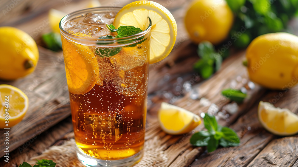 a refreshing glass of kombucha with visible bubbles, garnished with a slice of lemon and mint, set on a rustic wooden table with a background of fresh lemons and herbs a refreshing glass of kombucha with visible bubbles, garnished with a slice of lemon and mint, set on a rustic wooden table with a background of fresh lemons and herbs