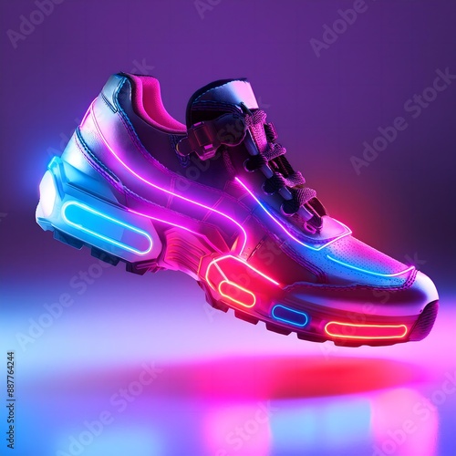 AI generated sneaker, 3D render, luminous, glowing neon concept, sport shoe, street culture, glow in the dark, Art