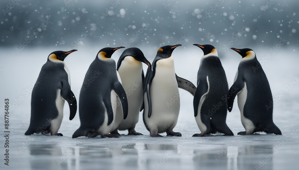 Fototapeta premium A colony of penguins huddling on the ice, overcast day 