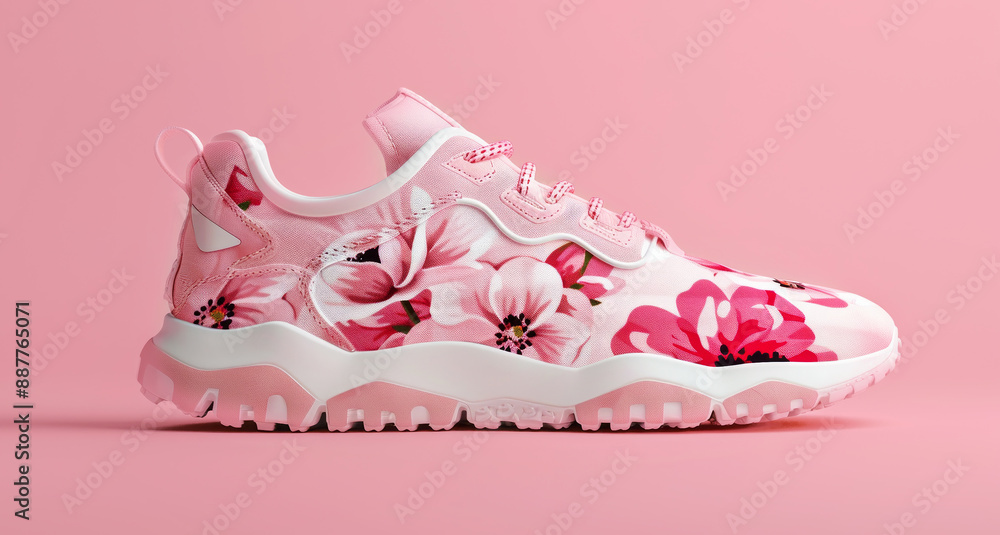 Creative sport flowers print platform sneakers on a minimalistic pink background. Fashion shoes concept. Creative sport flowers print platform sneakers on a minimalistic pink background. Fashion shoes concept.
