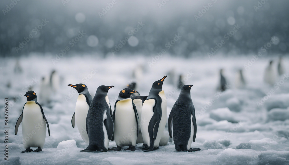 Obraz premium A colony of penguins huddling on the ice, overcast day 