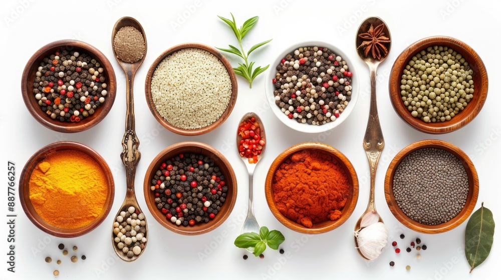 Various spices in bowls and spoons from top view on white background Various spices in bowls and spoons from top view on white background