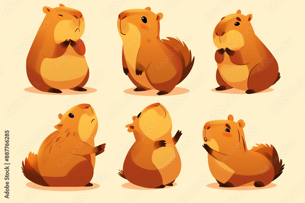 Set of 6 cute capybaras stickers, each cartoon style illustration shows a different emotion. Perfect for children's design, decoration projects and collections. Set of 6 cute capybaras stickers, each cartoon style illustration shows a different emotion. Perfect for children's design, decoration projects and collections.