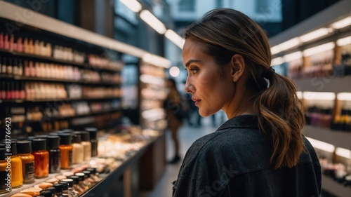 A woman with tied-back hair browses shelves of beauty products in a store, carefully considering her choices among various items.
