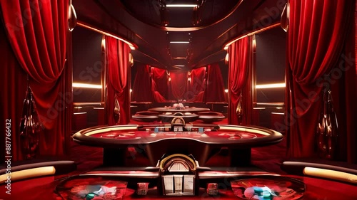 Elegant casino interior with red poker tables for cinematic slow motion video projects