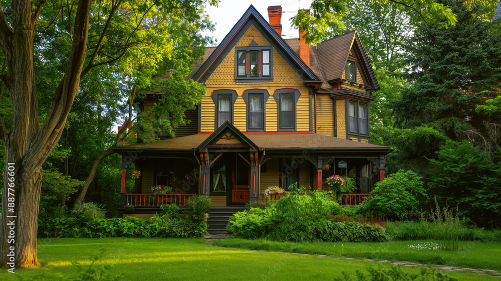 Victorian-style house with yellow and brown exterior, ornate trim, covered porch, and surrounded by lush greenery and trees. Victorian-style house with yellow and brown exterior, ornate trim, covered porch, and surrounded by lush greenery and trees.