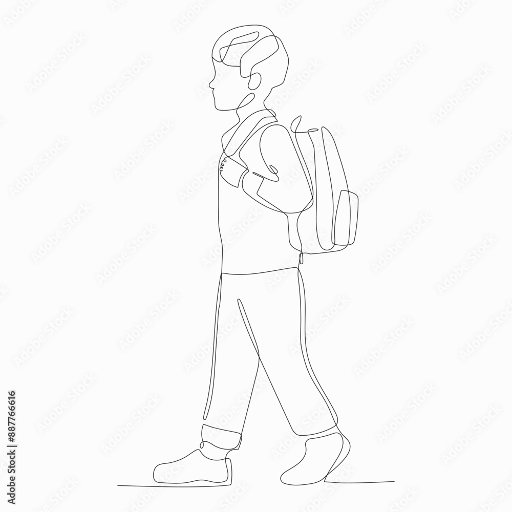 Continuous one-line drawing a child getting ready to go to school. Continuous one-line drawing a child getting ready to go to school.