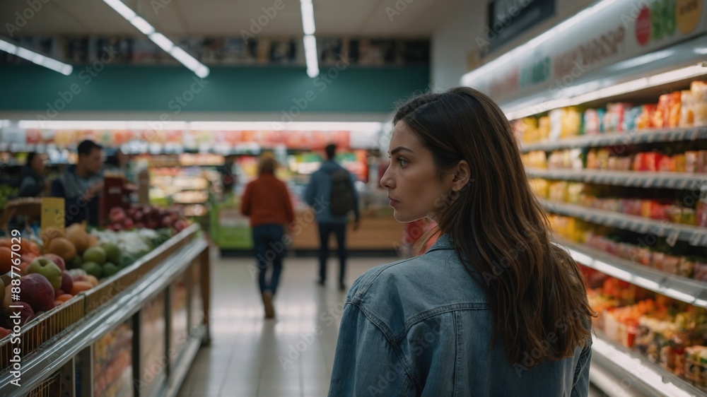 A young woman browses fresh produce in a grocery store aisle, thoughtfully considering her options among fruits and vegetables.
A young woman browses fresh produce in a grocery store aisle, thoughtfully considering her options among fruits and vegetables.