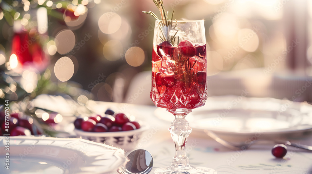 a glass of cranberry mimosa, with fresh cranberries and rosemary sprigs, set on a table with a white tablecloth and silverware for a holiday brunch a glass of cranberry mimosa, with fresh cranberries and rosemary sprigs, set on a table with a white tablecloth and silverware for a holiday brunch