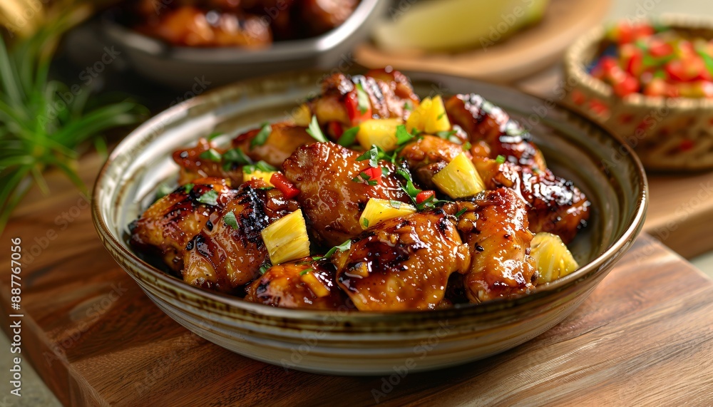 Close-up of a plate of teriyaki chicken with pineapple and herbs. Close-up of a plate of teriyaki chicken with pineapple and herbs.