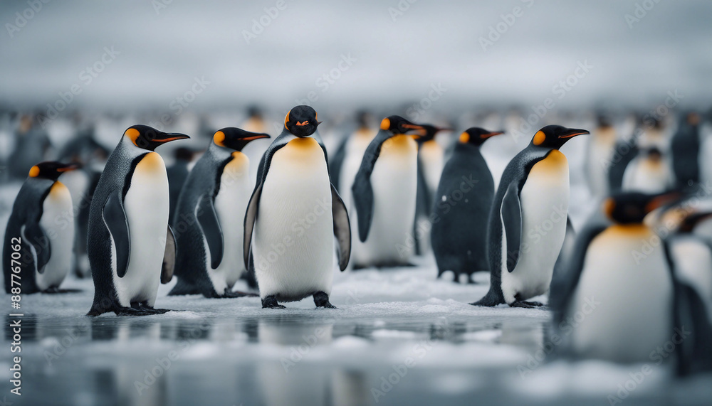 Fototapeta premium A colony of penguins huddling on the ice, overcast day
