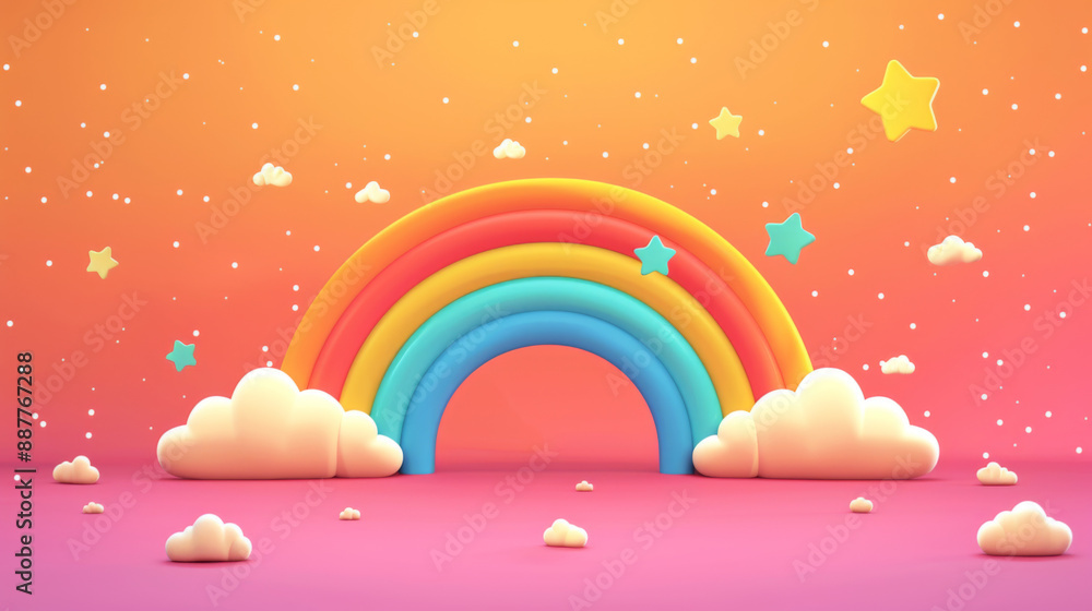 Colorful, whimsical illustration of a rainbow with clouds and stars against an orange background. Colorful, whimsical illustration of a rainbow with clouds and stars against an orange background.