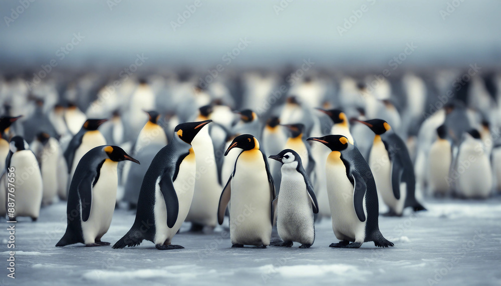 Obraz premium A colony of penguins huddling on the ice, overcast day 
