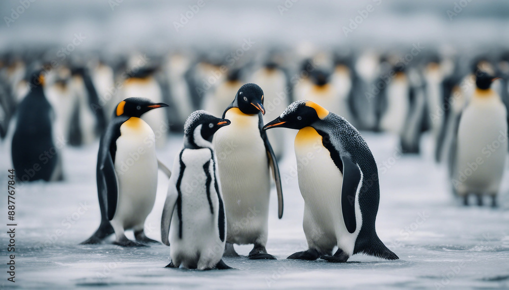 Obraz premium A colony of penguins huddling on the ice, overcast day 