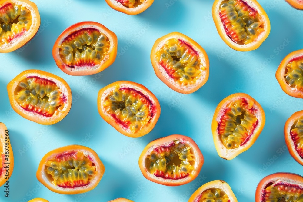 Pattern of Passion Fruits on Blue Background Pattern of Passion Fruits on Blue Background