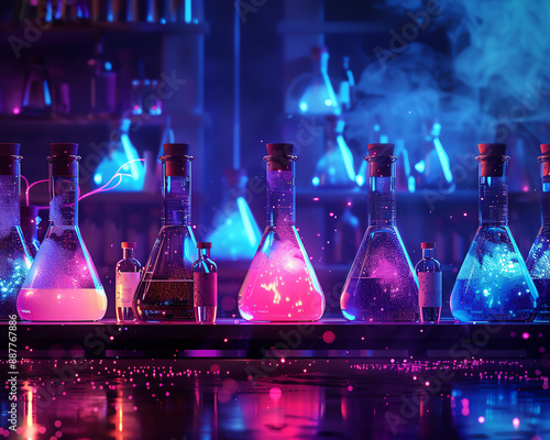 Abstract glowing chemical glassware with colorful liquids and smoke in the dark.