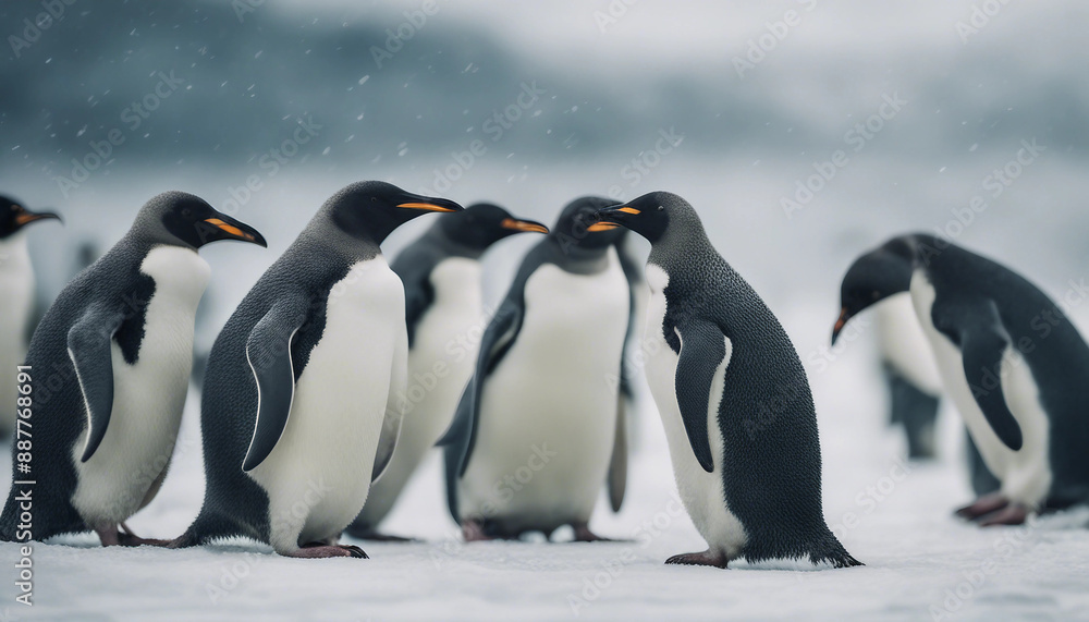 Fototapeta premium A colony of penguins huddling on the ice, overcast day