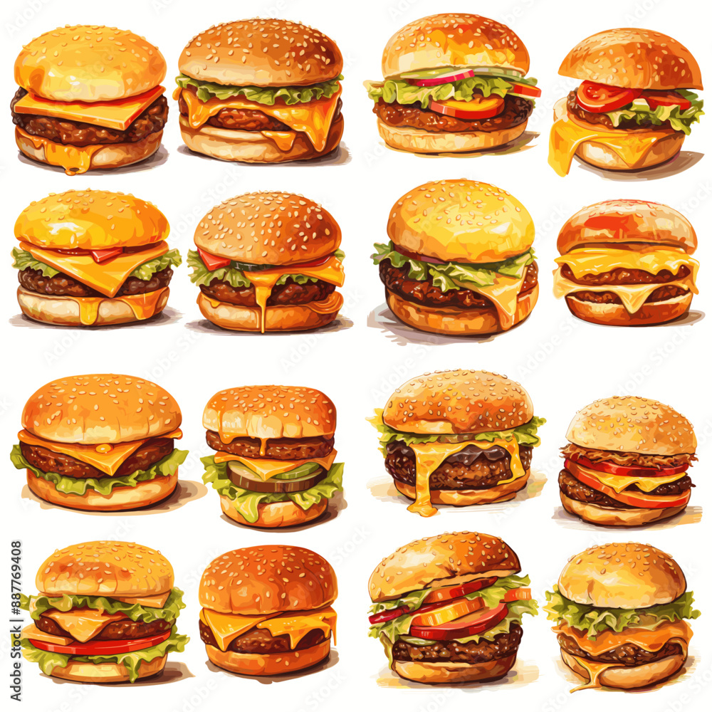 A series of hamburgers with different toppings and sizes A series of hamburgers with different toppings and sizes