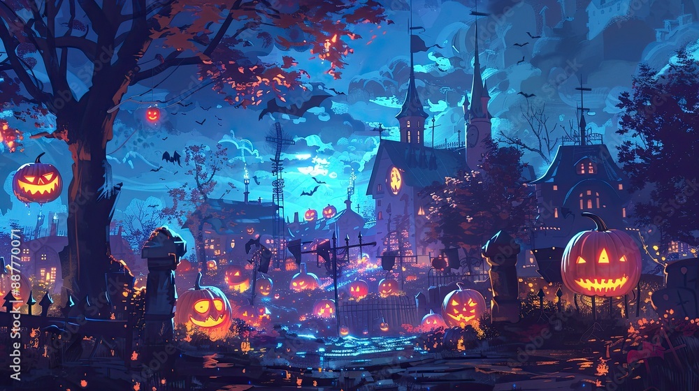Fototapeta premium old house and many glowing strange pumpkins