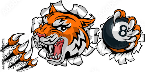 A tiger angry mean pool billiards mascot cartoon character holding a black 8 ball.