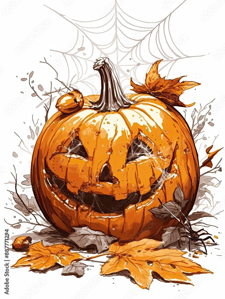 a pumpkin with spider web carvings, Halloween motif, a pumpkin with spider web carvings, Halloween motif,