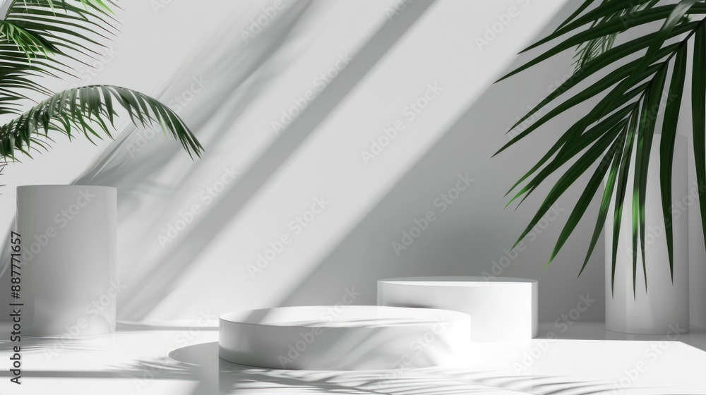 Minimalistic White Platform With Palm Leaves Minimalistic White Platform With Palm Leaves
