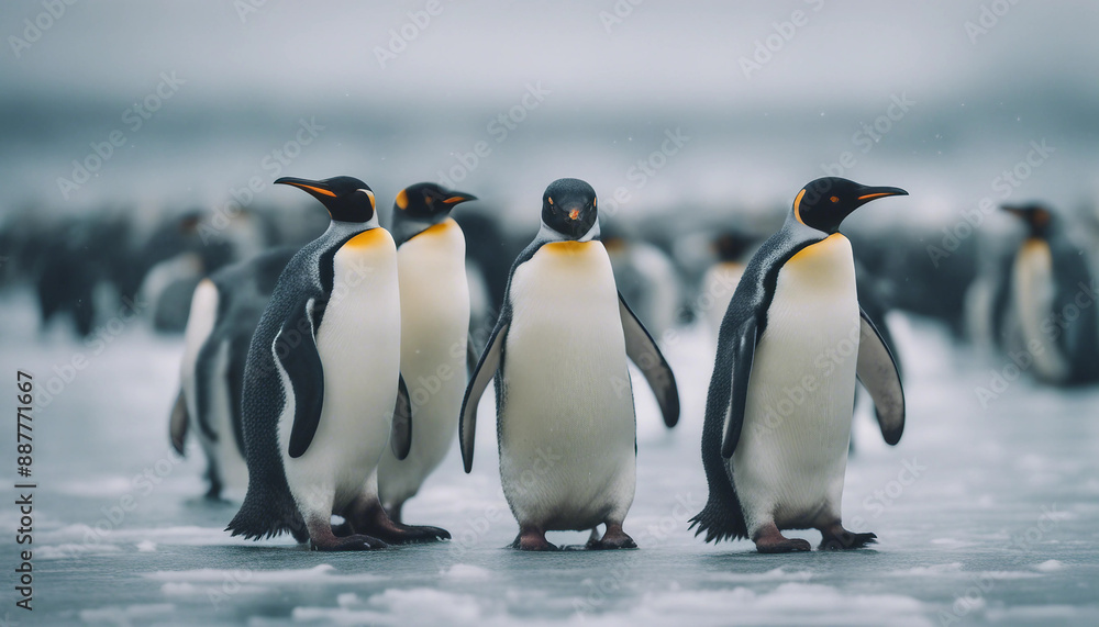 Fototapeta premium A colony of penguins huddling on the ice, overcast day