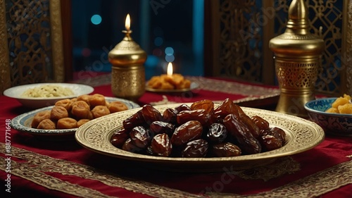 Ramadan iftars marks the end of fasting Table with dates, Oriental food and sweets Eid mubarak Traditional Middle Eastern cuisine, evening meal. photo